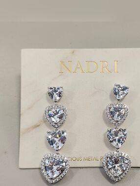 NWT Nadri Silver-Tone Le Bisou Halo Heart Linear Drop Earrings